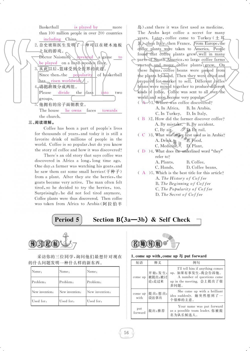 2019年領(lǐng)航新課標(biāo)練習(xí)冊九年級英語全一冊人教版 參考答案第56頁