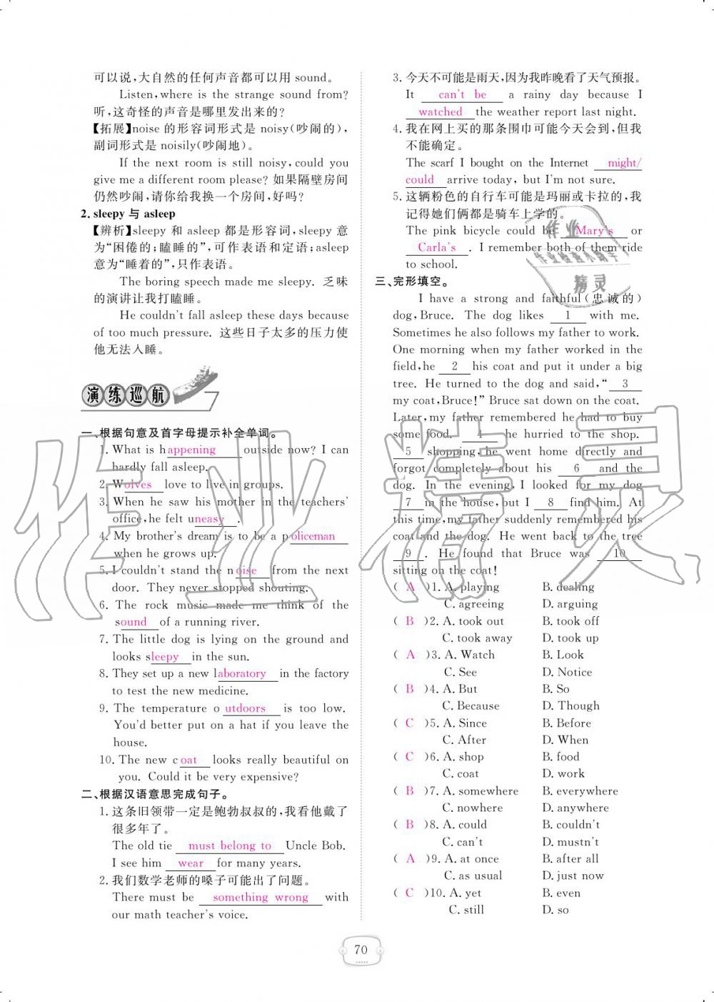 2019年領(lǐng)航新課標(biāo)練習(xí)冊(cè)九年級(jí)英語(yǔ)全一冊(cè)人教版 參考答案第70頁(yè)