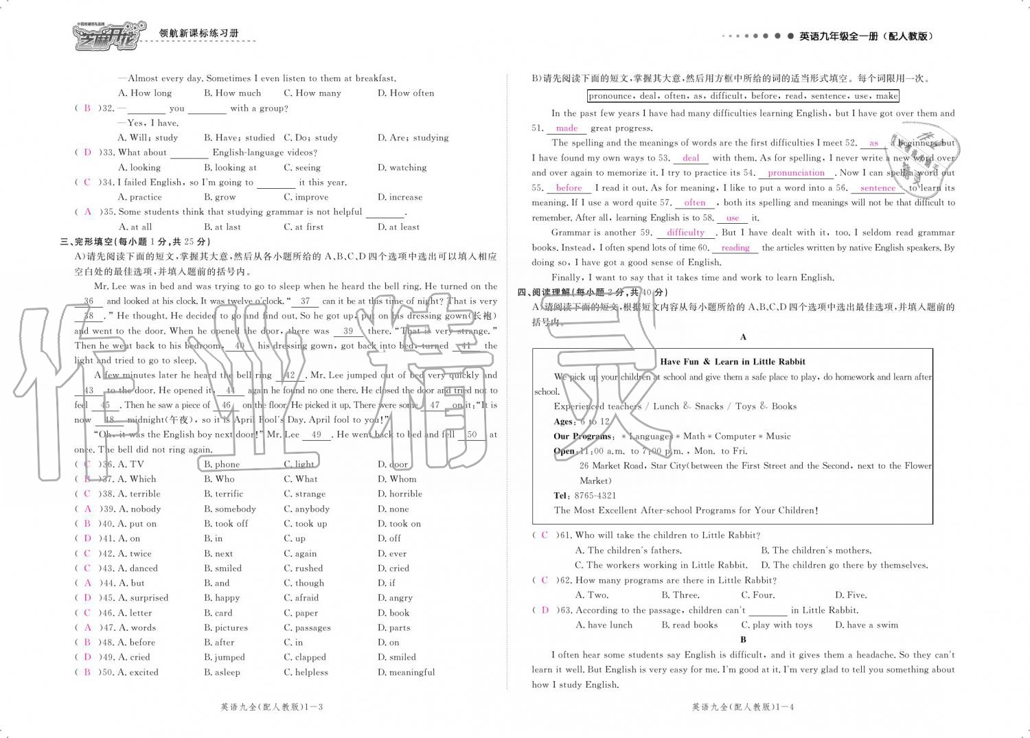 2019年领航新课标练习册九年级英语全一册人教版 参考答案第141页