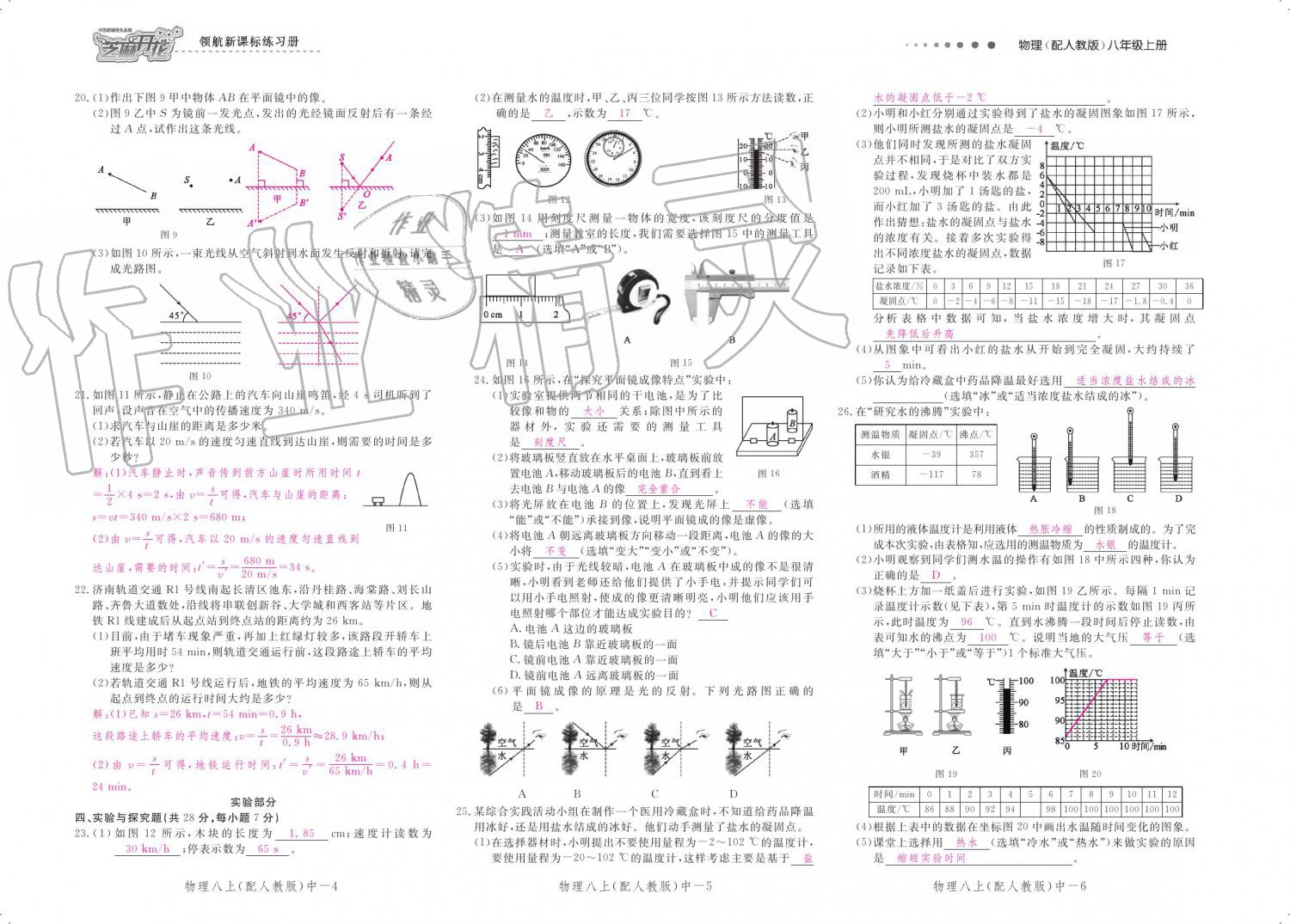 2019年領(lǐng)航新課標練習冊八年級物理上冊人教版 參考答案第116頁