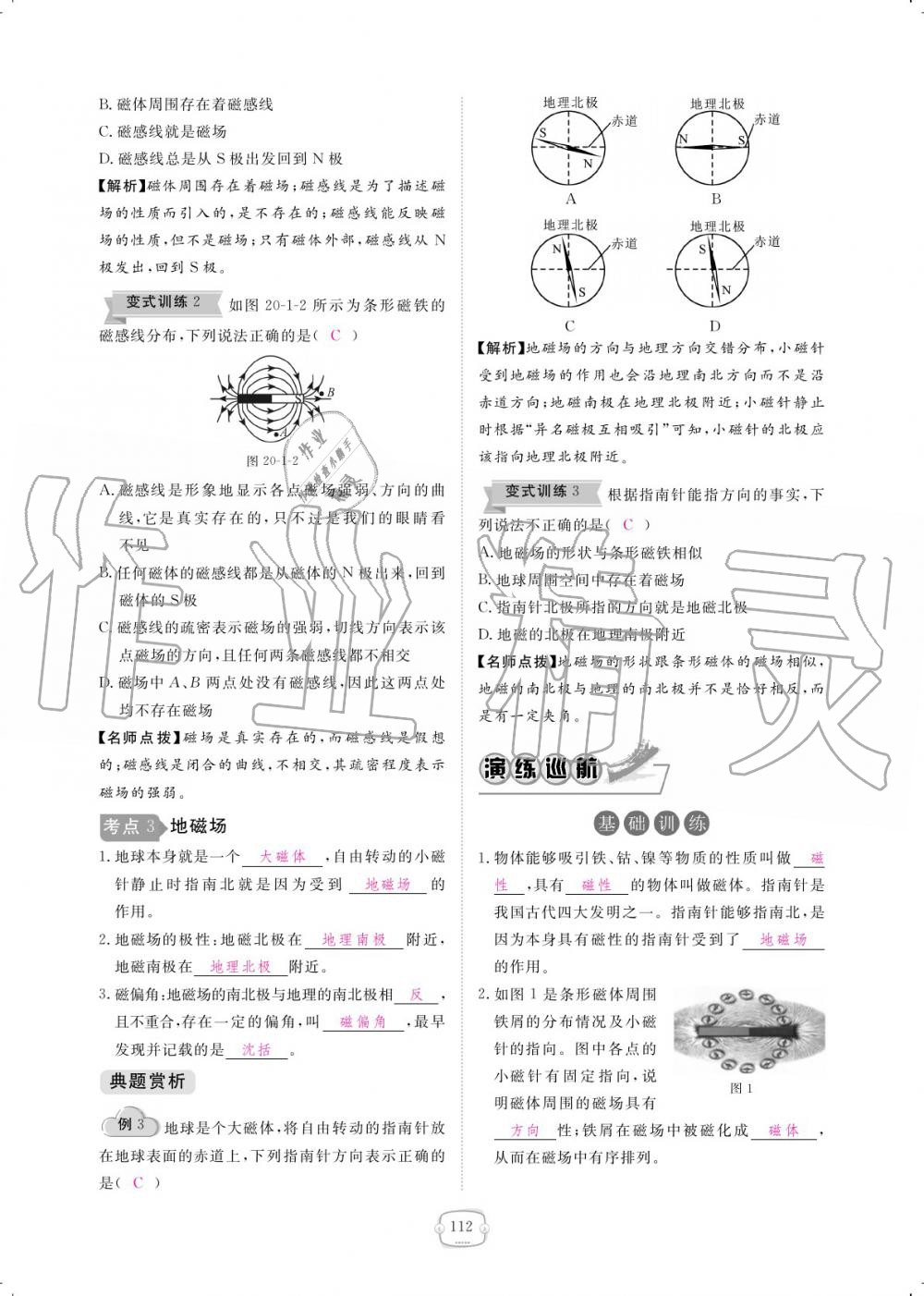 2019年領航新課標練習冊九年級物理全一冊人教版 參考答案第112頁