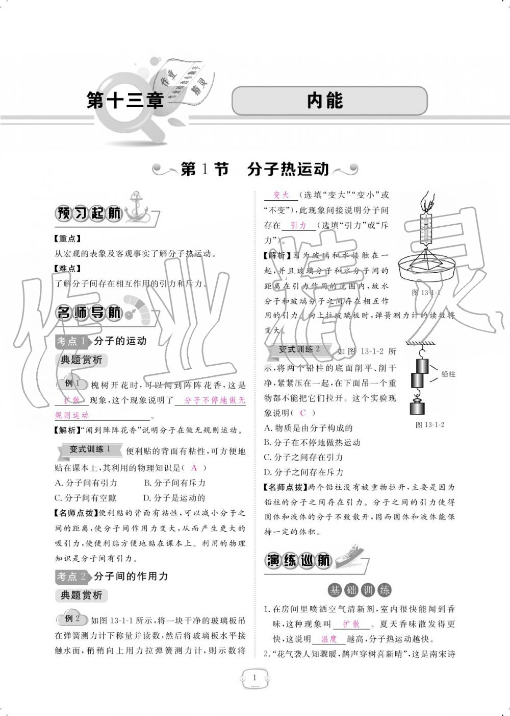 2019年領航新課標練習冊九年級物理全一冊人教版 參考答案第1頁