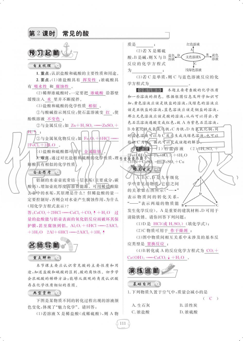 2019年領(lǐng)航新課標(biāo)練習(xí)冊(cè)九年級(jí)化學(xué)全一冊(cè)人教版 參考答案第111頁(yè)