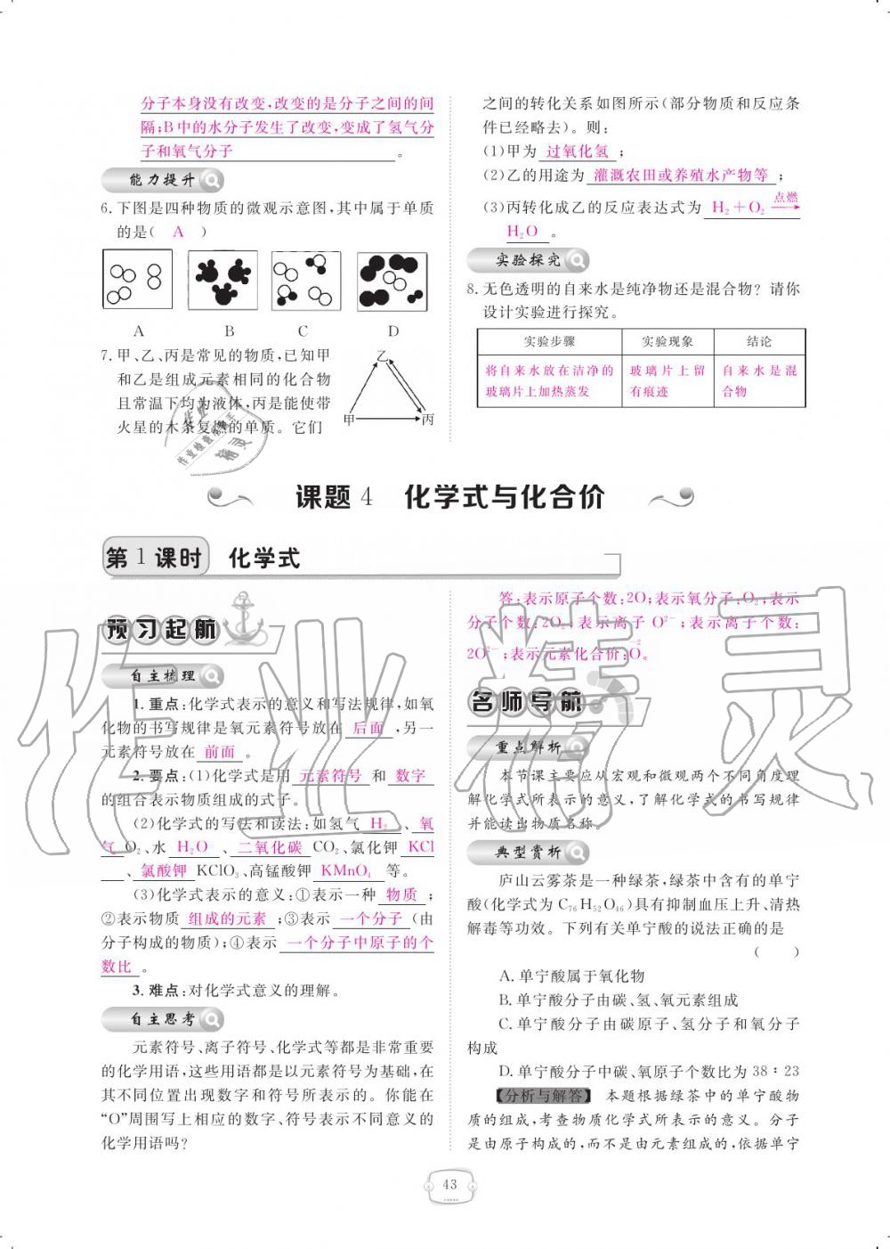 2019年領航新課標練習冊九年級化學全一冊人教版 參考答案第43頁