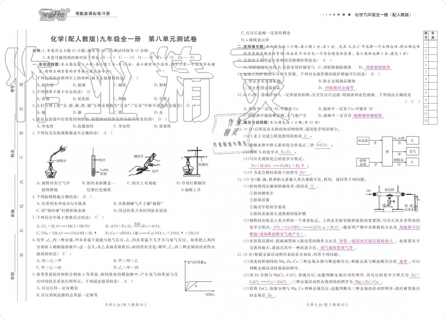 2019年領(lǐng)航新課標練習冊九年級化學全一冊人教版 參考答案第145頁