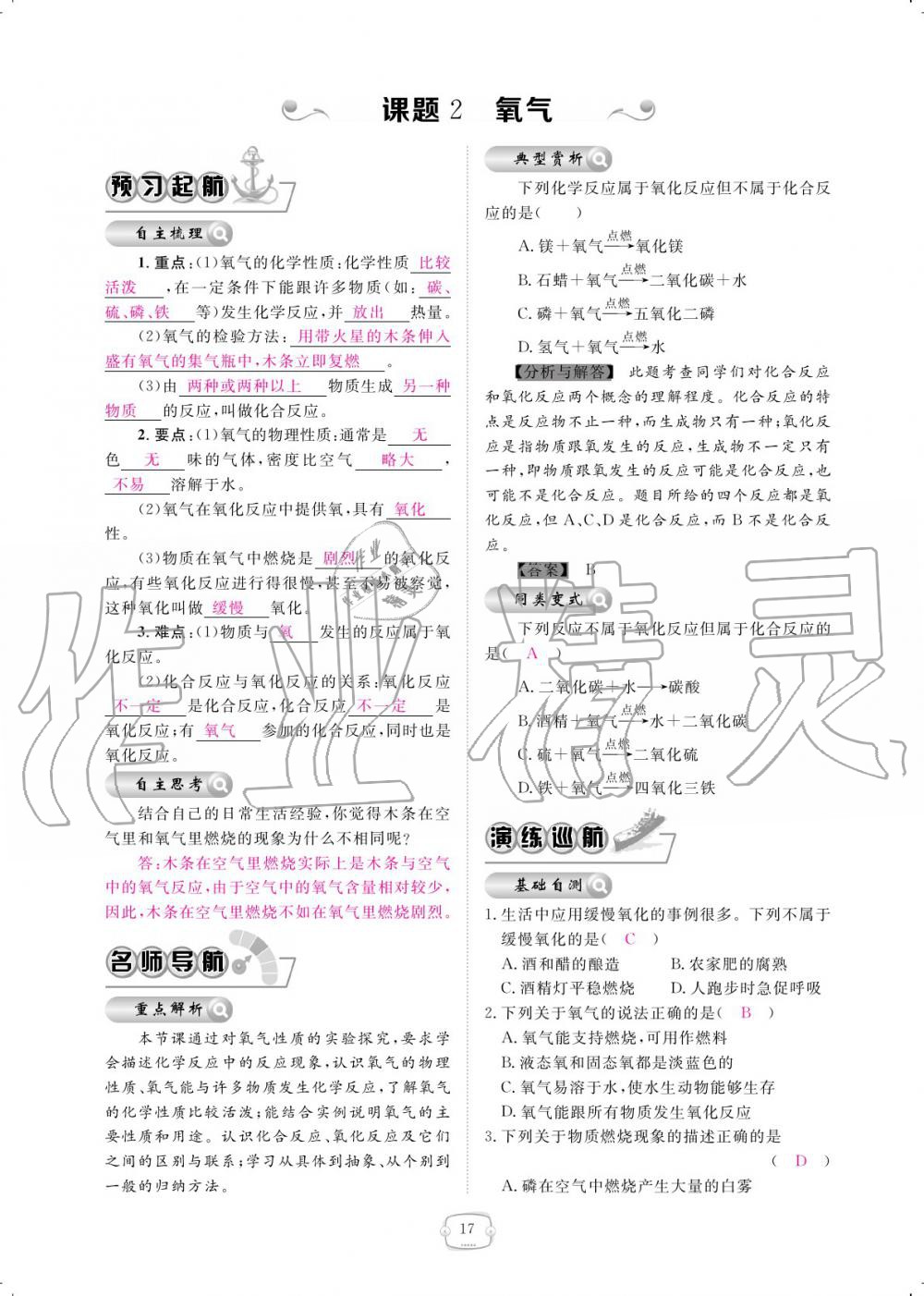 2019年領(lǐng)航新課標練習(xí)冊九年級化學(xué)全一冊人教版 參考答案第17頁