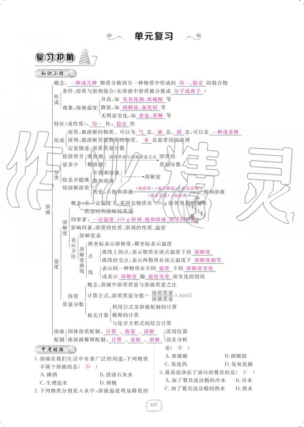 2019年領航新課標練習冊九年級化學全一冊人教版 參考答案第107頁