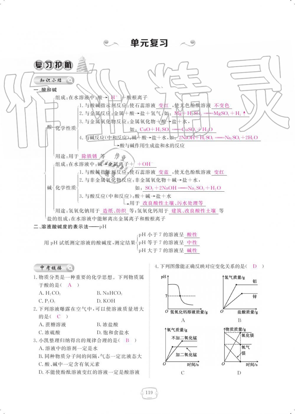 2019年領(lǐng)航新課標(biāo)練習(xí)冊九年級化學(xué)全一冊人教版 參考答案第119頁