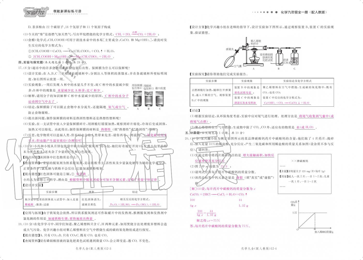 2019年領(lǐng)航新課標(biāo)練習(xí)冊九年級化學(xué)全一冊人教版 參考答案第155頁