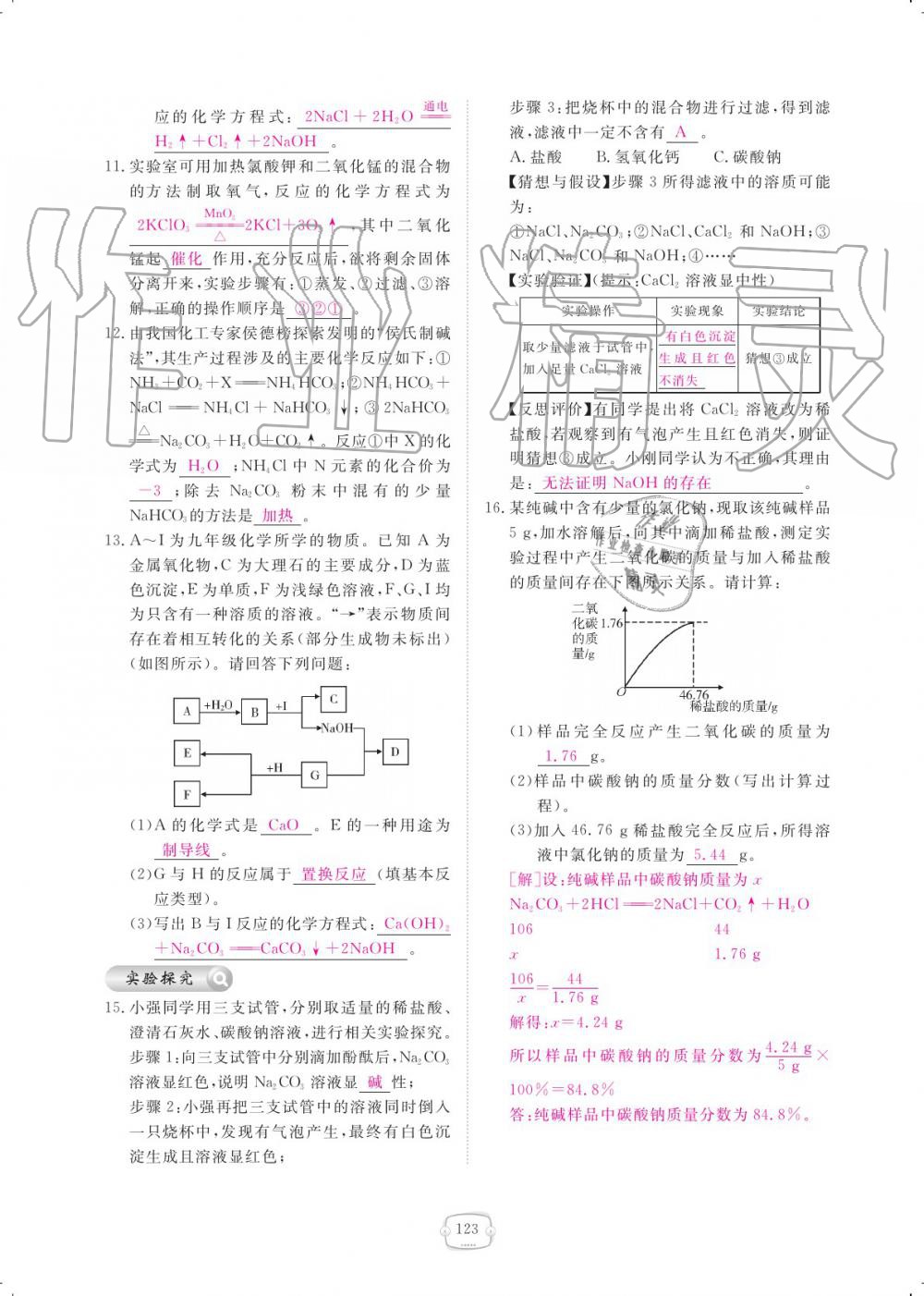 2019年領(lǐng)航新課標(biāo)練習(xí)冊九年級(jí)化學(xué)全一冊人教版 參考答案第123頁