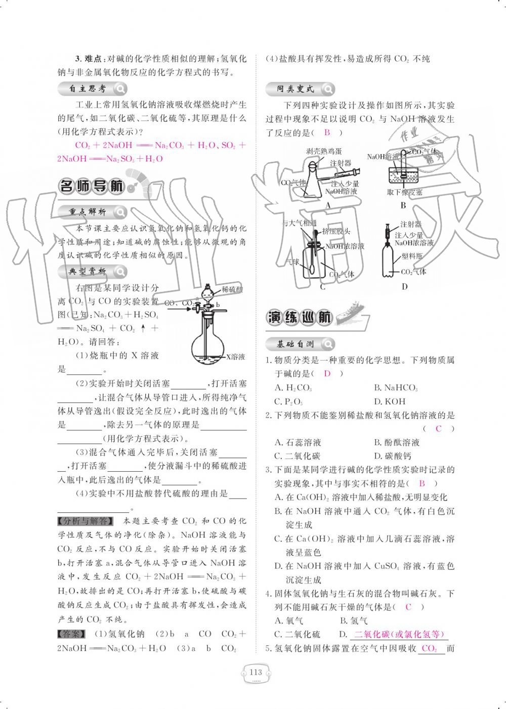 2019年領(lǐng)航新課標(biāo)練習(xí)冊九年級化學(xué)全一冊人教版 參考答案第113頁