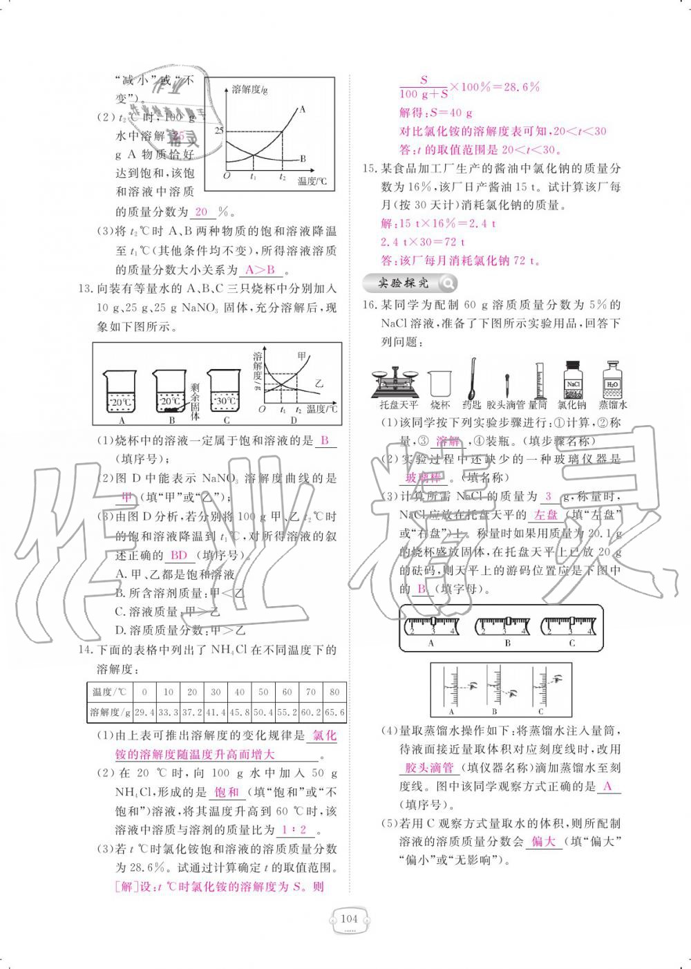 2019年領(lǐng)航新課標(biāo)練習(xí)冊(cè)九年級(jí)化學(xué)全一冊(cè)人教版 參考答案第104頁(yè)