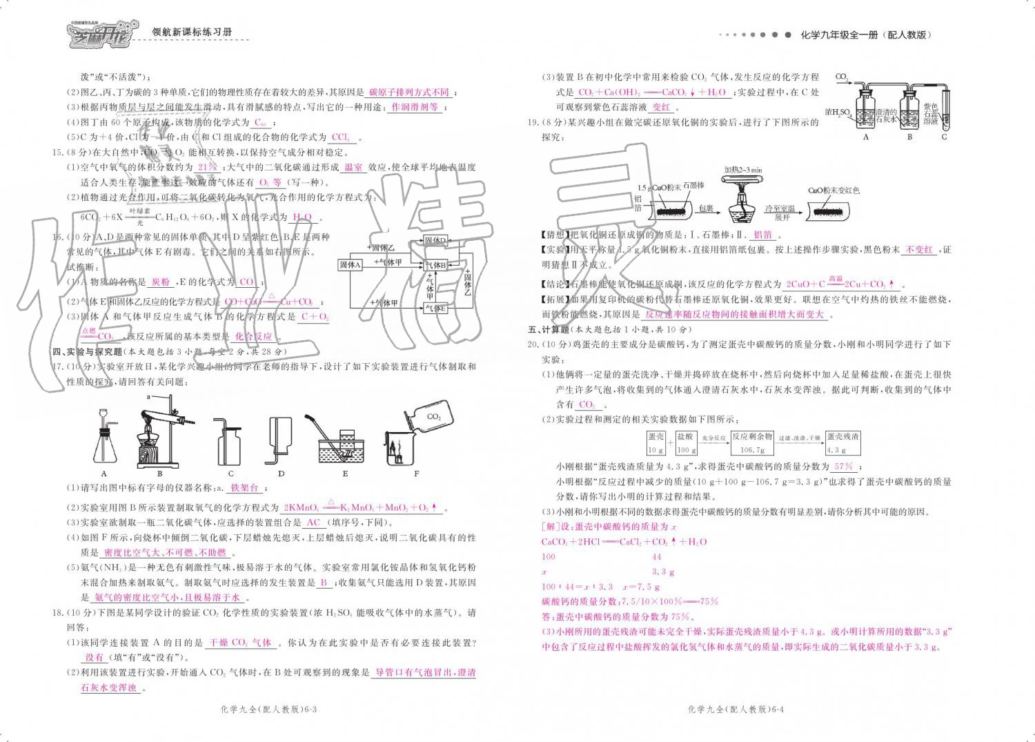 2019年領(lǐng)航新課標(biāo)練習(xí)冊九年級化學(xué)全一冊人教版 參考答案第142頁