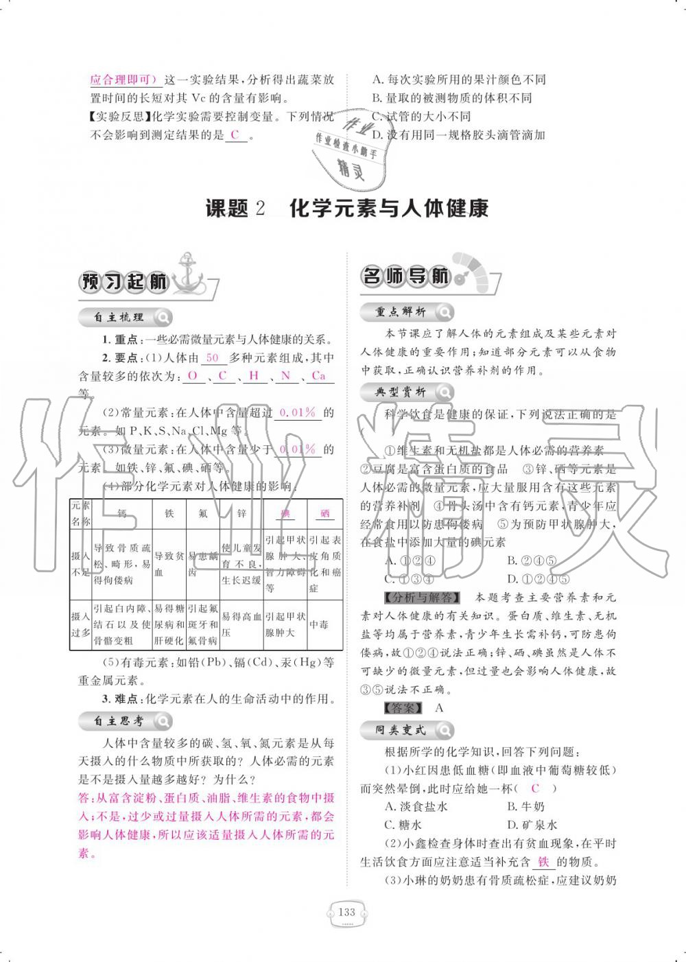 2019年領航新課標練習冊九年級化學全一冊人教版 參考答案第133頁