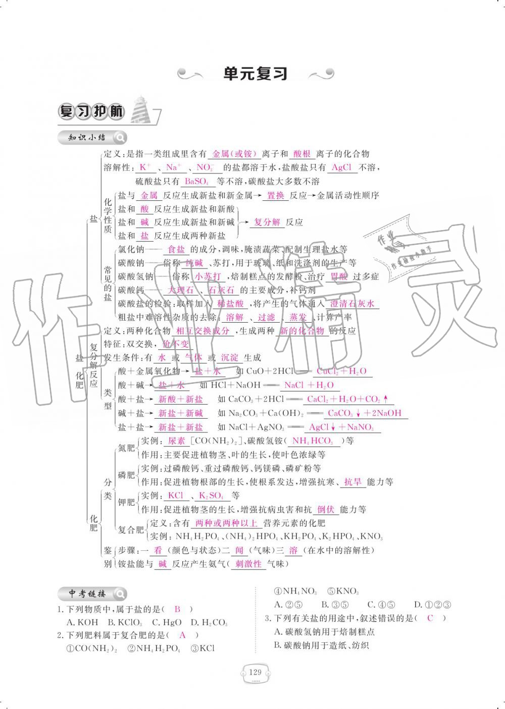 2019年領(lǐng)航新課標(biāo)練習(xí)冊九年級化學(xué)全一冊人教版 參考答案第129頁