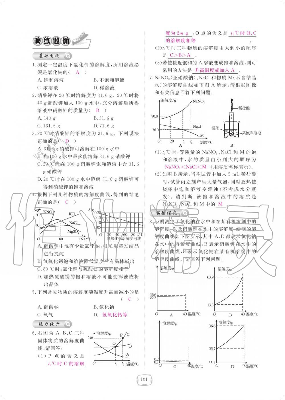 2019年領(lǐng)航新課標(biāo)練習(xí)冊(cè)九年級(jí)化學(xué)全一冊(cè)人教版 參考答案第101頁(yè)