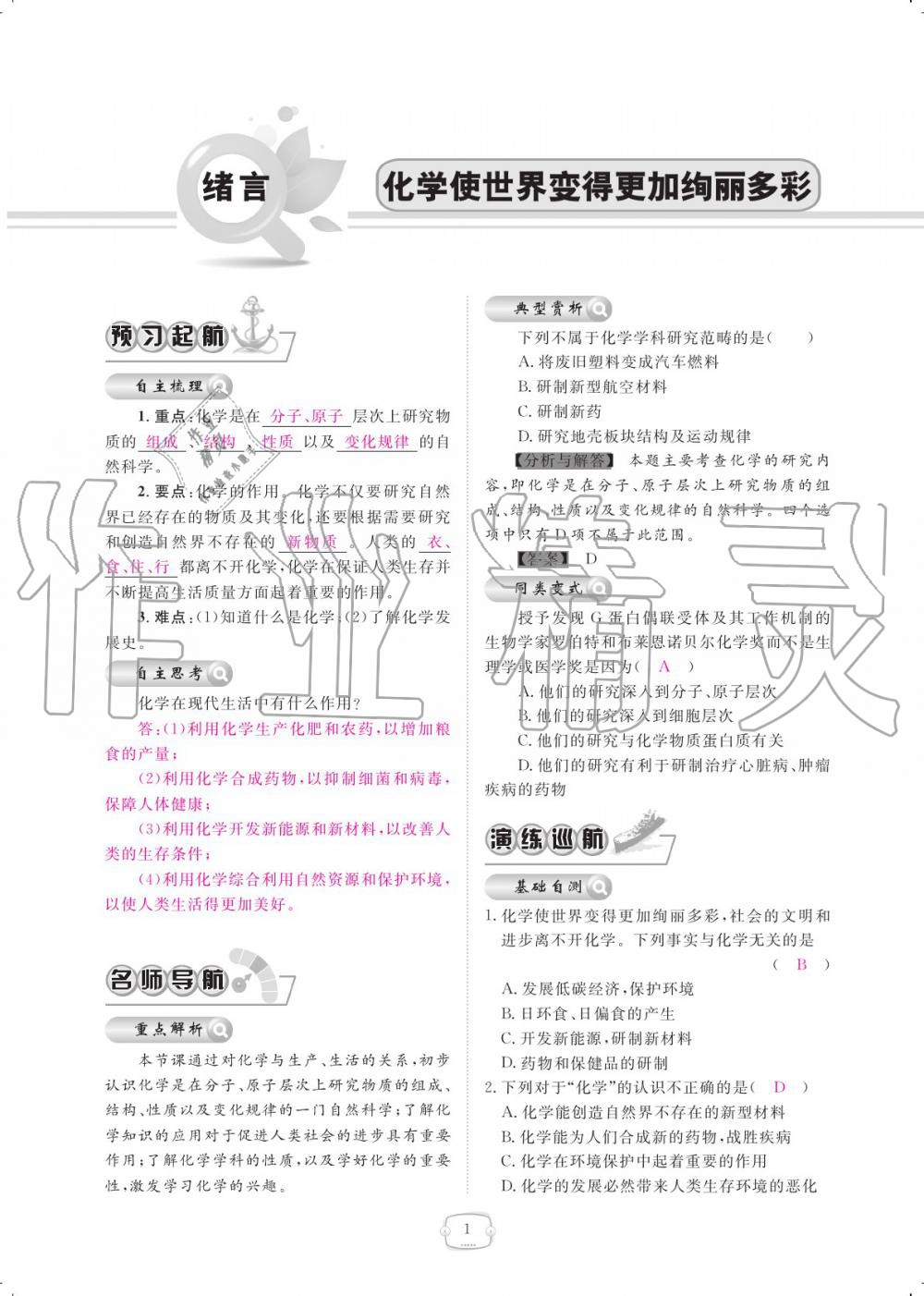 2019年領航新課標練習冊九年級化學全一冊人教版 參考答案第1頁