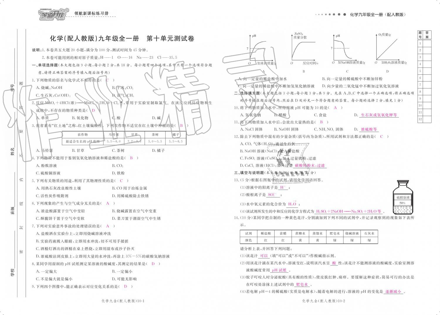 2019年領(lǐng)航新課標(biāo)練習(xí)冊(cè)九年級(jí)化學(xué)全一冊(cè)人教版 參考答案第149頁(yè)