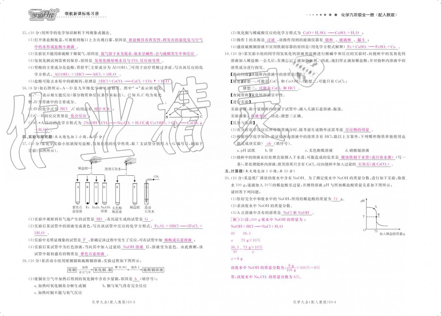 2019年領(lǐng)航新課標(biāo)練習(xí)冊九年級化學(xué)全一冊人教版 參考答案第151頁