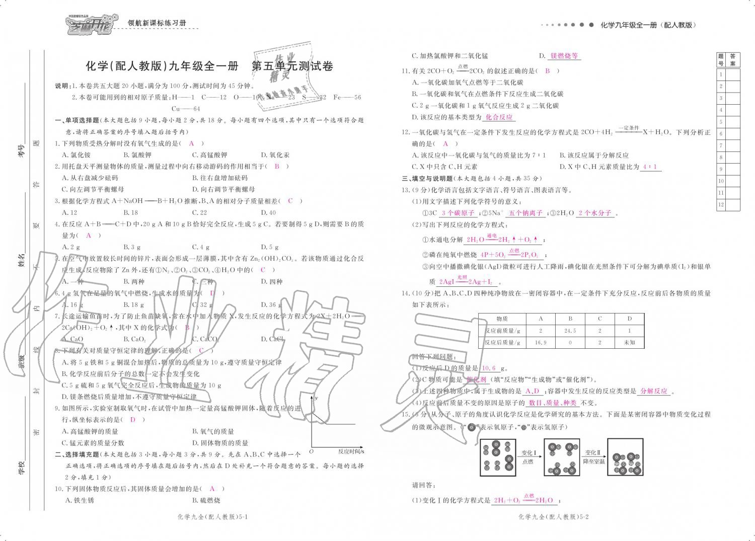 2019年領(lǐng)航新課標(biāo)練習(xí)冊九年級化學(xué)全一冊人教版 參考答案第162頁