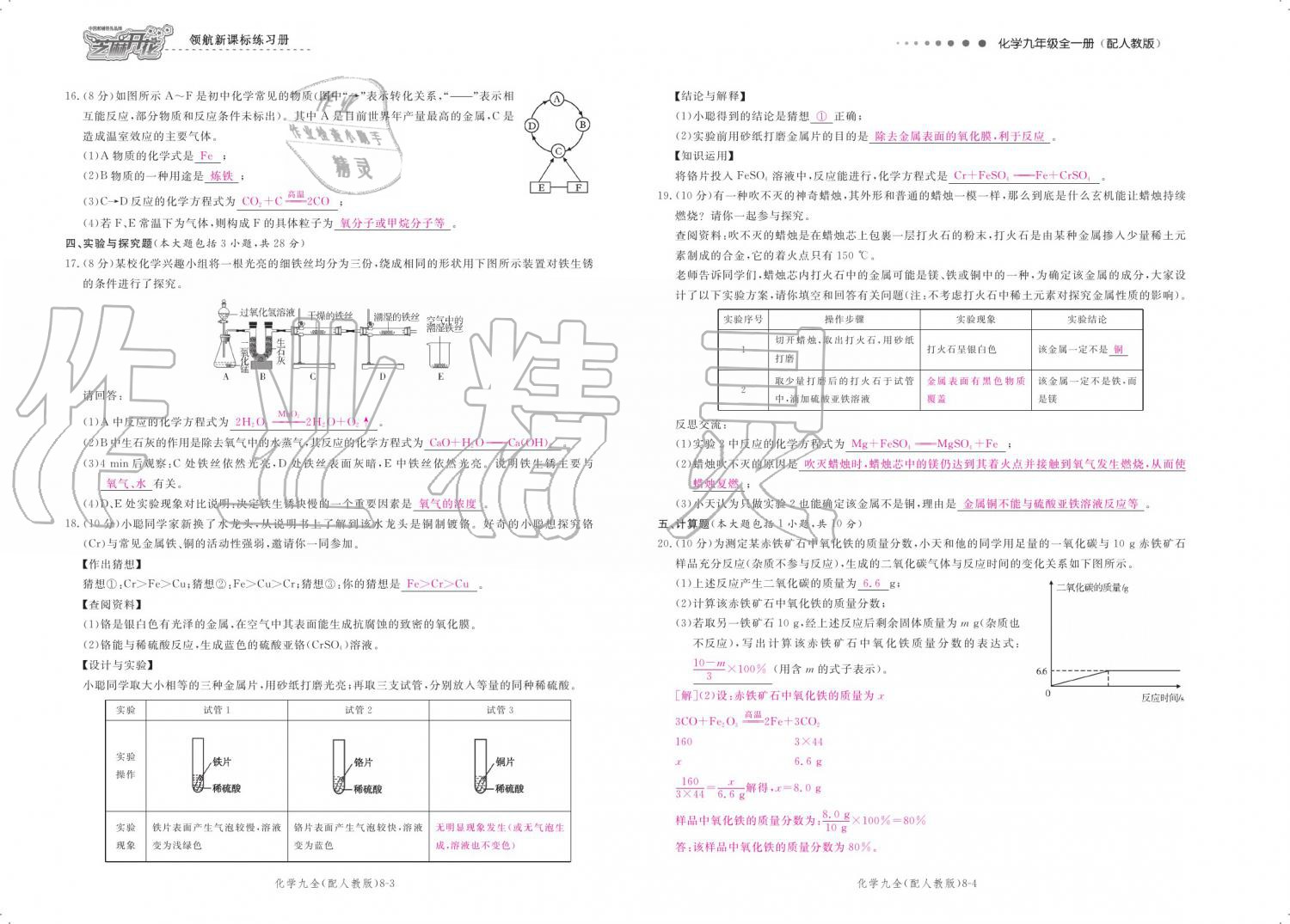 2019年領航新課標練習冊九年級化學全一冊人教版 參考答案第146頁