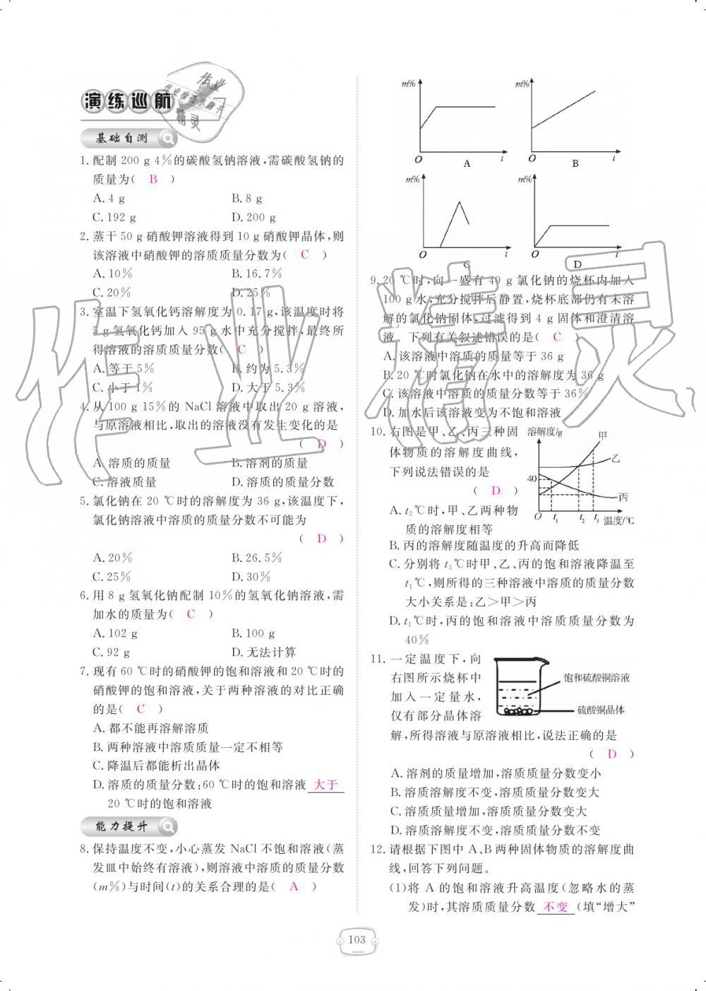 2019年領(lǐng)航新課標(biāo)練習(xí)冊(cè)九年級(jí)化學(xué)全一冊(cè)人教版 參考答案第103頁(yè)