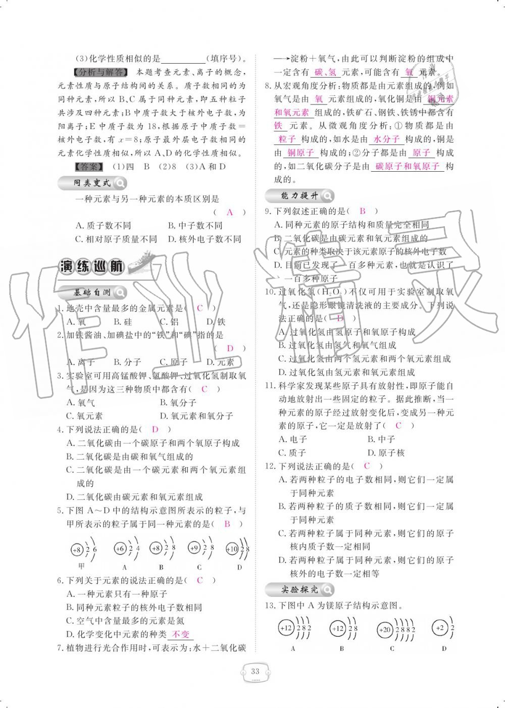 2019年領(lǐng)航新課標(biāo)練習(xí)冊九年級化學(xué)全一冊人教版 參考答案第33頁