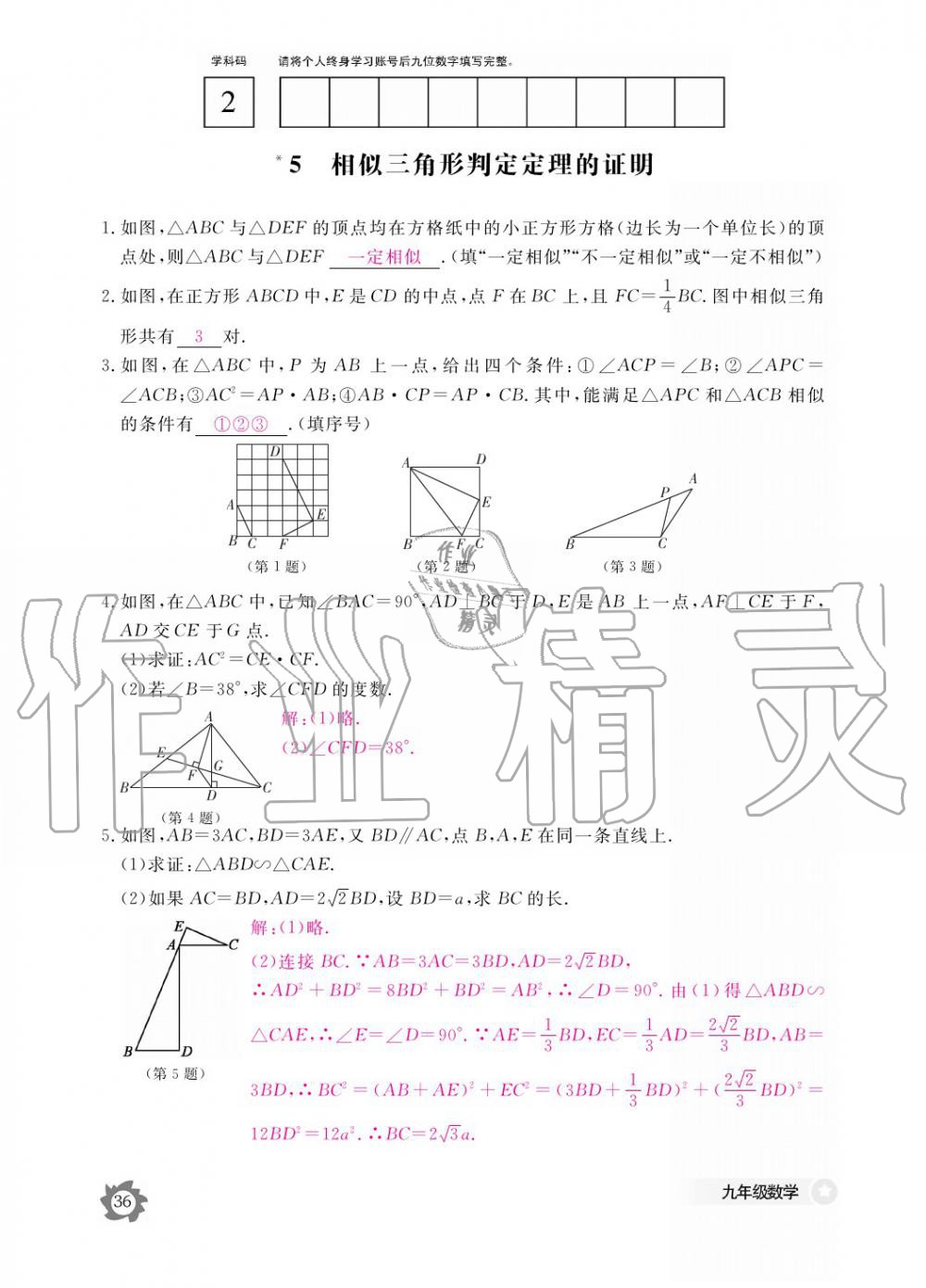 2019年數(shù)學(xué)作業(yè)本九年級(jí)全一冊(cè)北師大版 參考答案第36頁(yè)