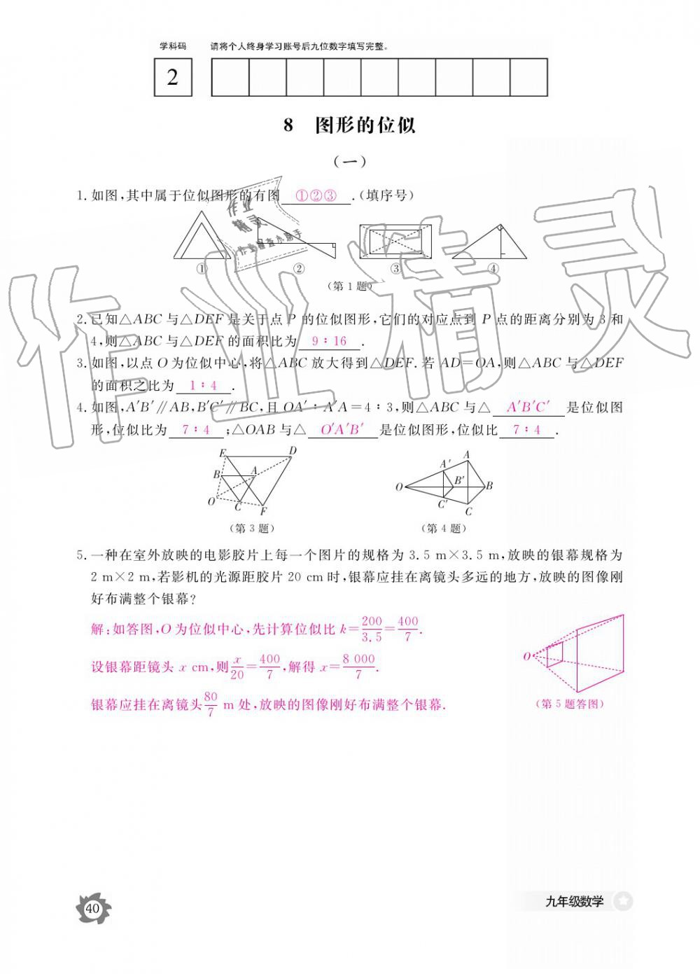 2019年數(shù)學(xué)作業(yè)本九年級全一冊北師大版 參考答案第40頁