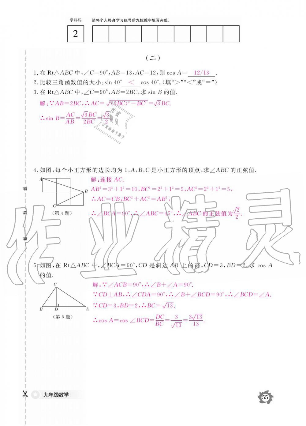 2019年數(shù)學(xué)作業(yè)本九年級(jí)全一冊(cè)北師大版 參考答案第55頁(yè)