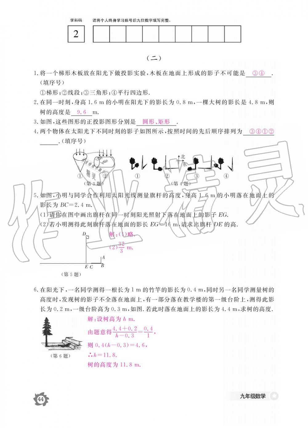 2019年數(shù)學作業(yè)本九年級全一冊北師大版 參考答案第44頁