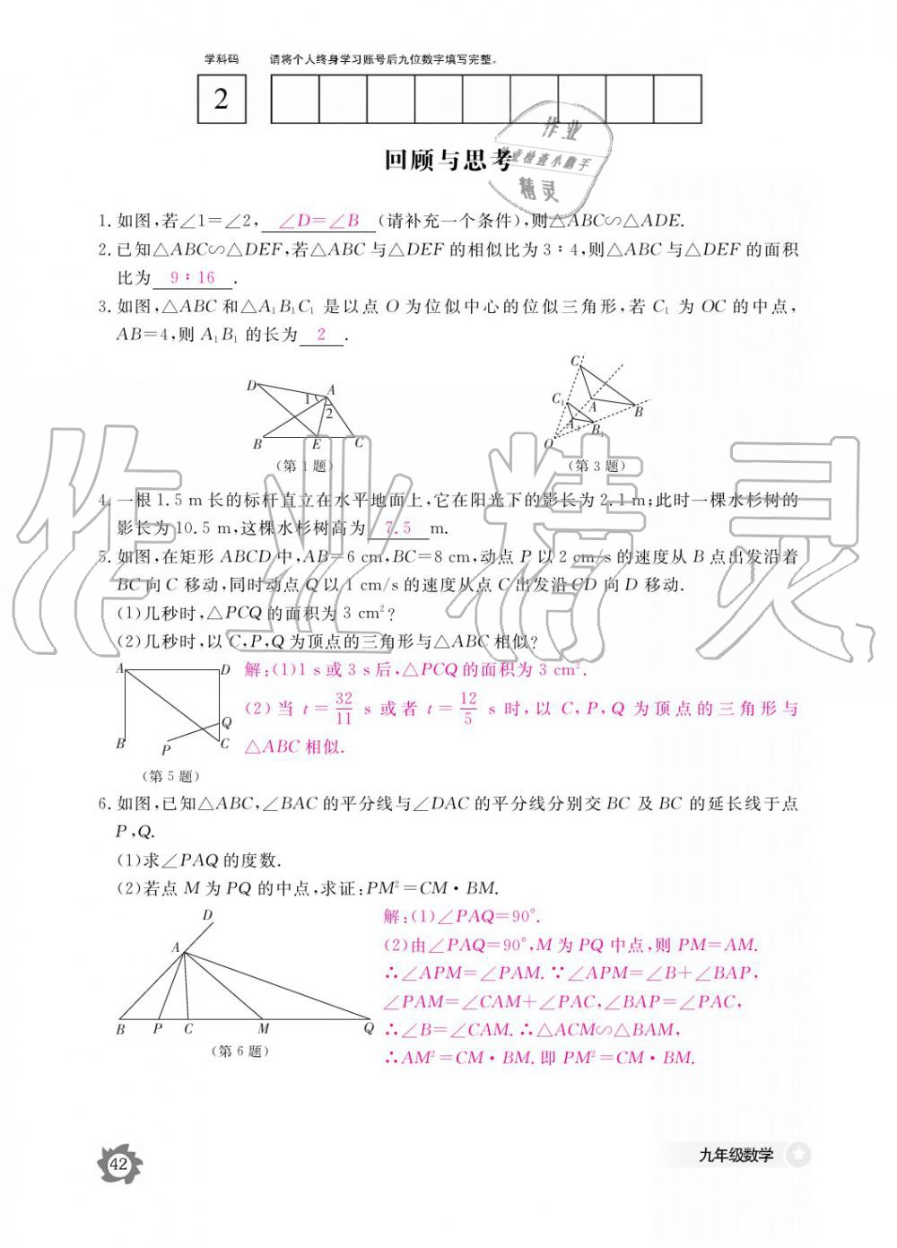 2019年數(shù)學(xué)作業(yè)本九年級(jí)全一冊(cè)北師大版 參考答案第42頁(yè)