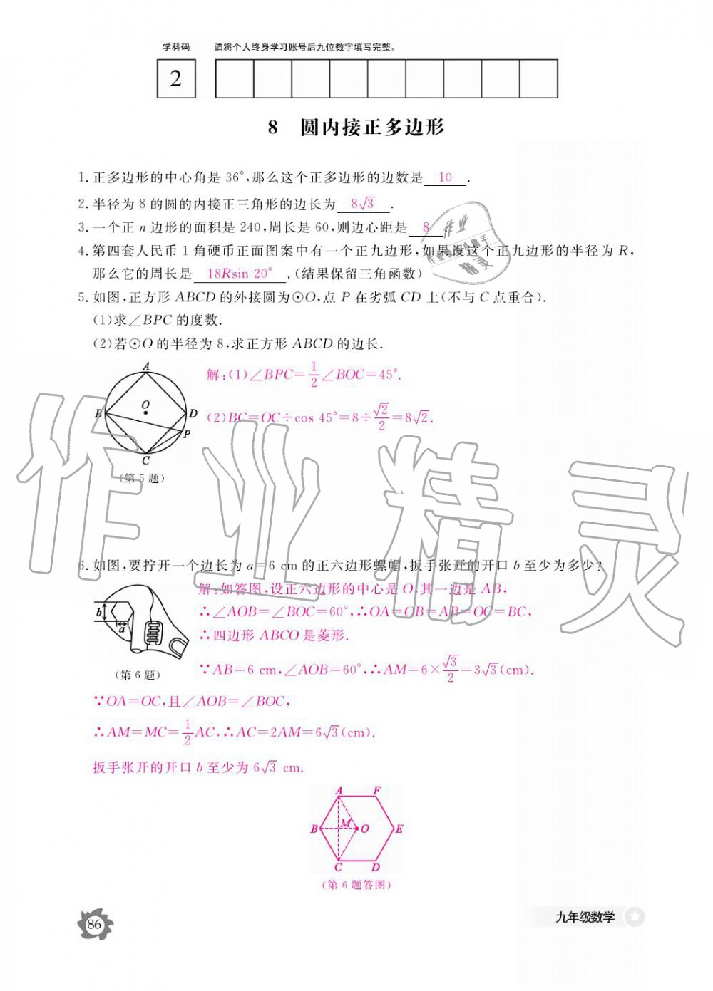 2019年數(shù)學作業(yè)本九年級全一冊北師大版 參考答案第86頁