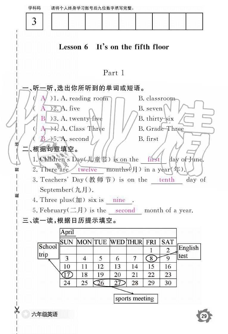 2019年英语作业本六年级上册科普版 参考答案第29页