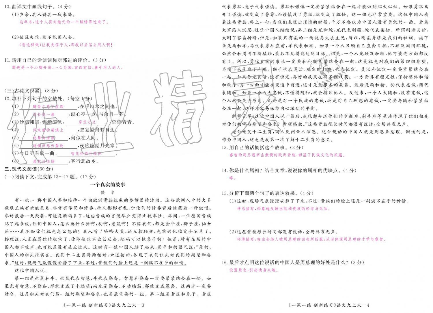 2019年一課一練創(chuàng)新練習(xí)九年級(jí)語文全一冊(cè)人教版 參考答案第146頁