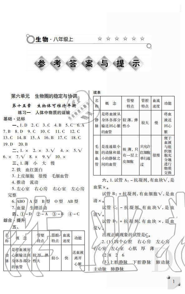 2019年课堂练习册八年级生物上册D版 第1页