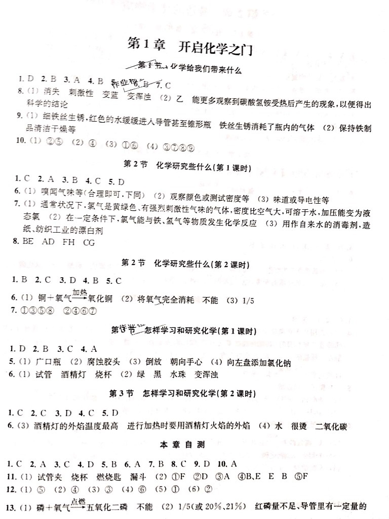 2019年探究与训练九年级化学上册沪教版 参考答案第1页