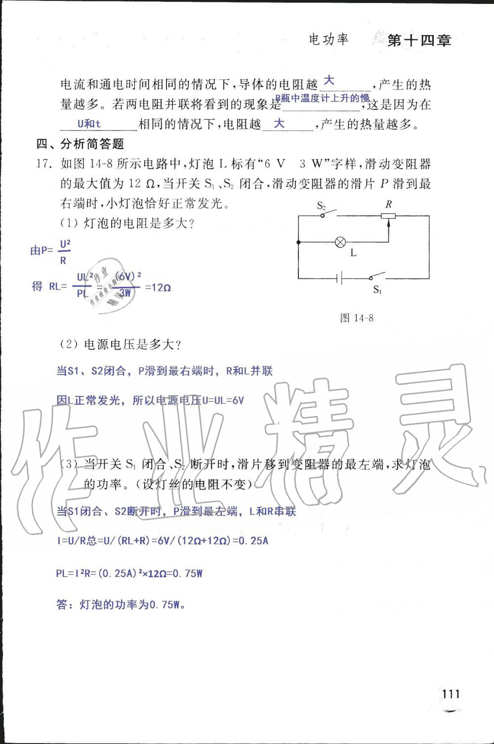 2019年配套練習(xí)冊九年級物理上冊魯科版 第111頁