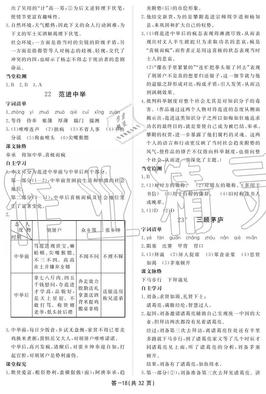 2019年一課一案創(chuàng)新導學九年級語文上冊人教版 參考答案第18頁