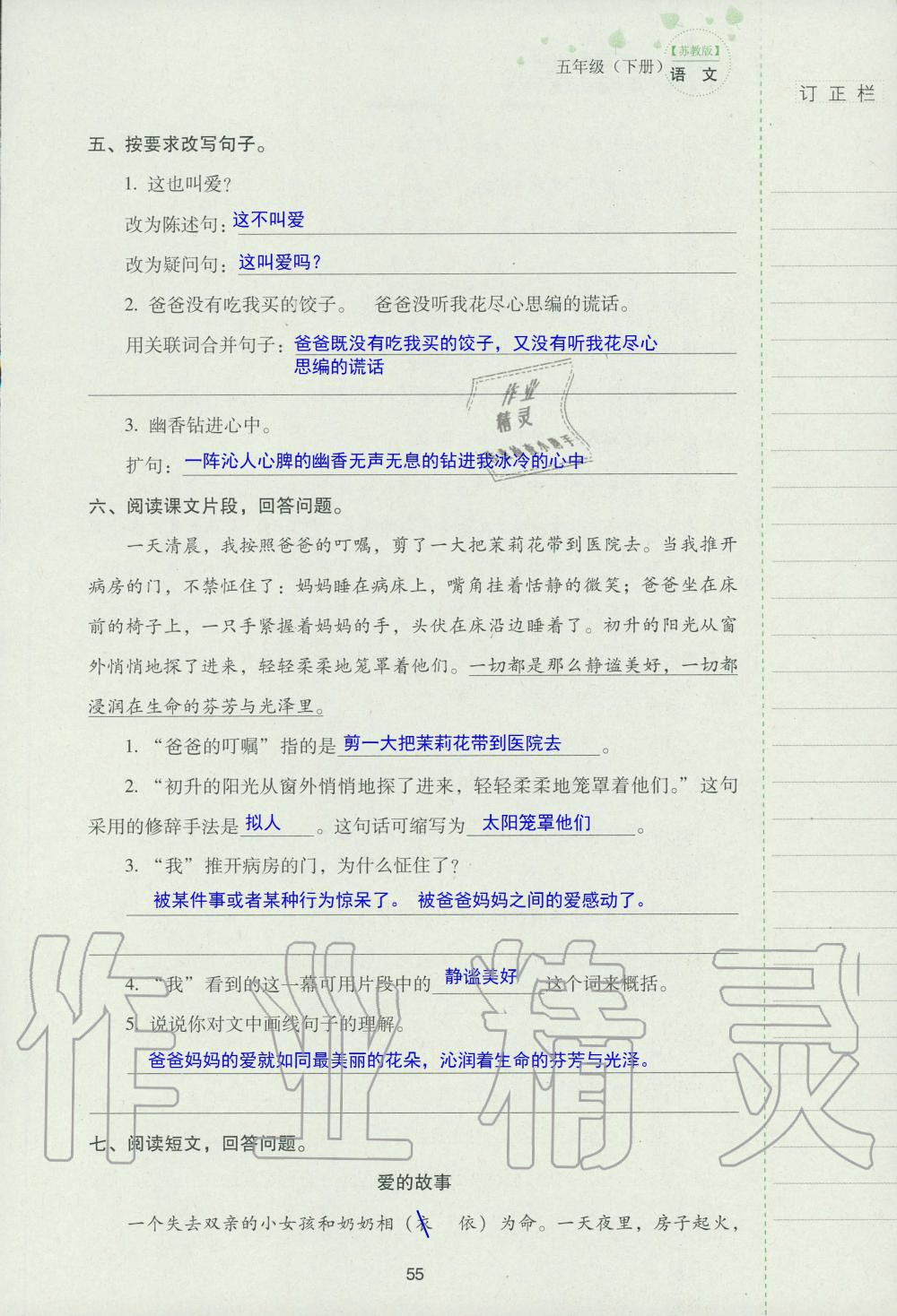 2019年云南省标准教辅同步指导训练与检测五年级语文苏教版 参考答案第54页