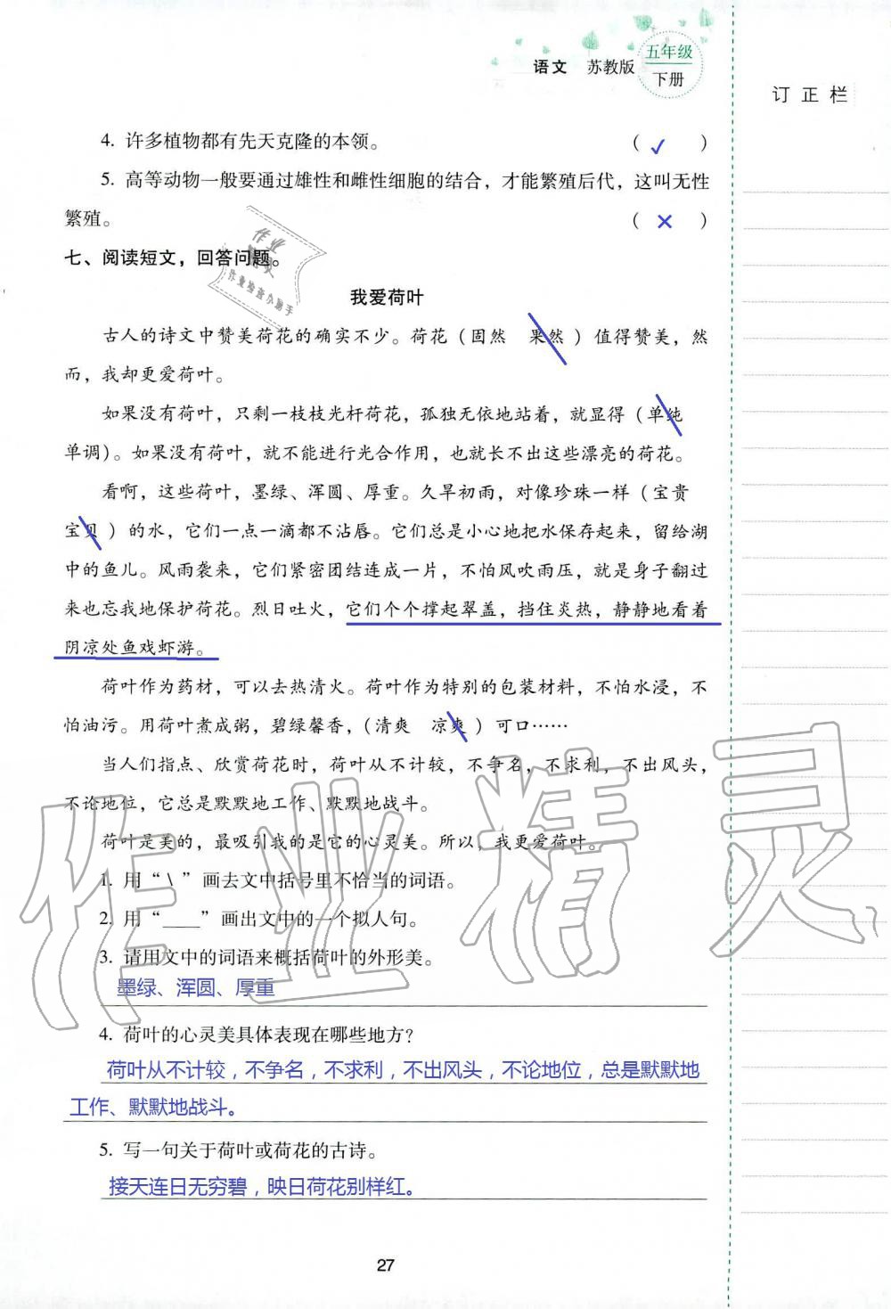 2019年云南省标准教辅同步指导训练与检测五年级语文苏教版 参考答案第26页