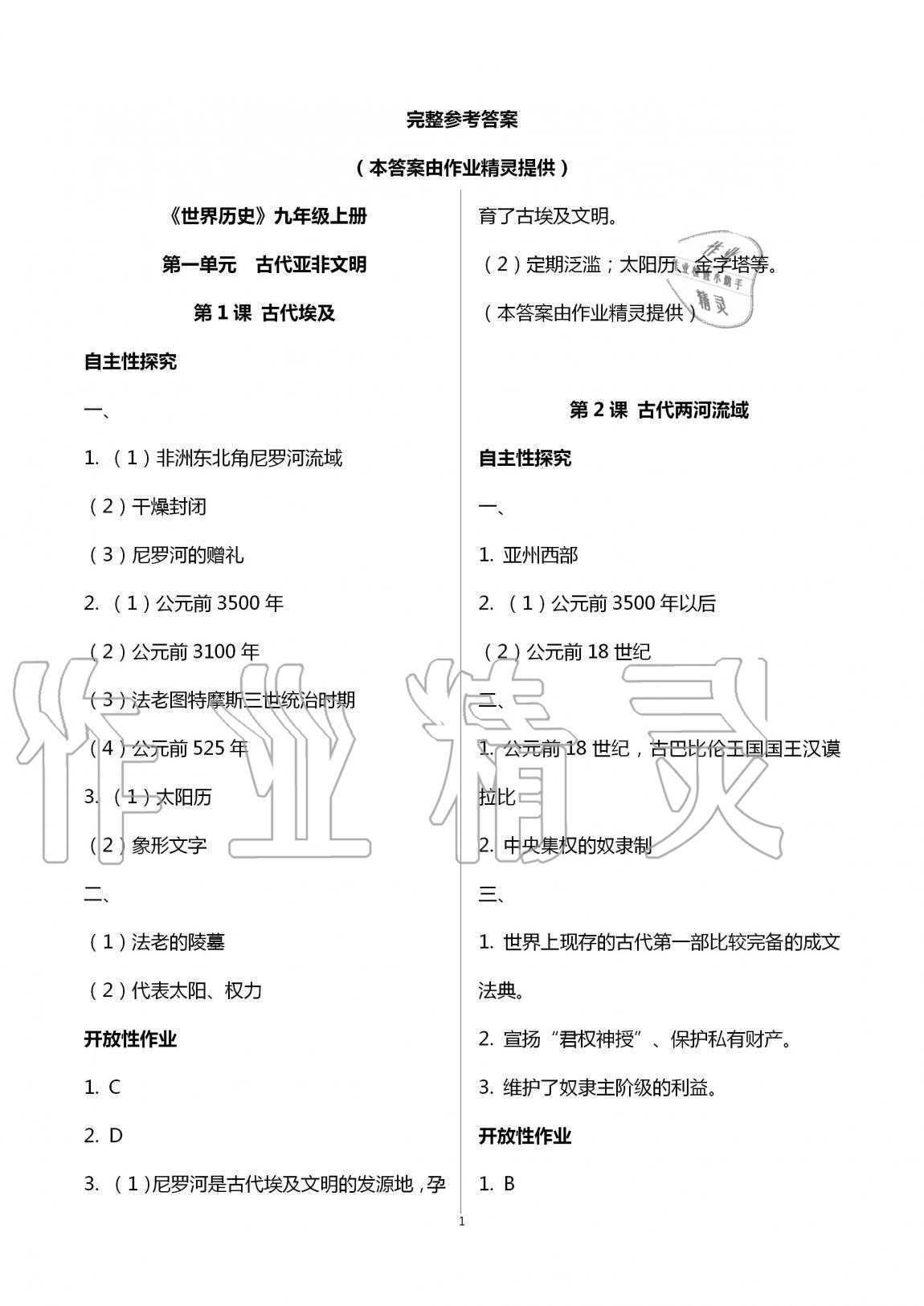 2019年自主学习指导课程九年级世界历史全一册人教版 第1页