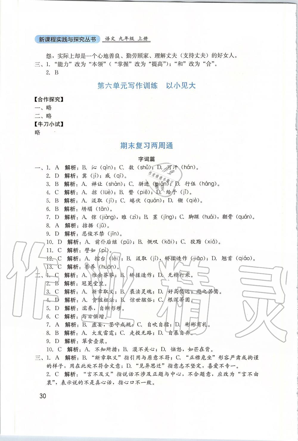 2019年新課程實踐與探究叢書九年級語文上冊人教版 參考答案第30頁