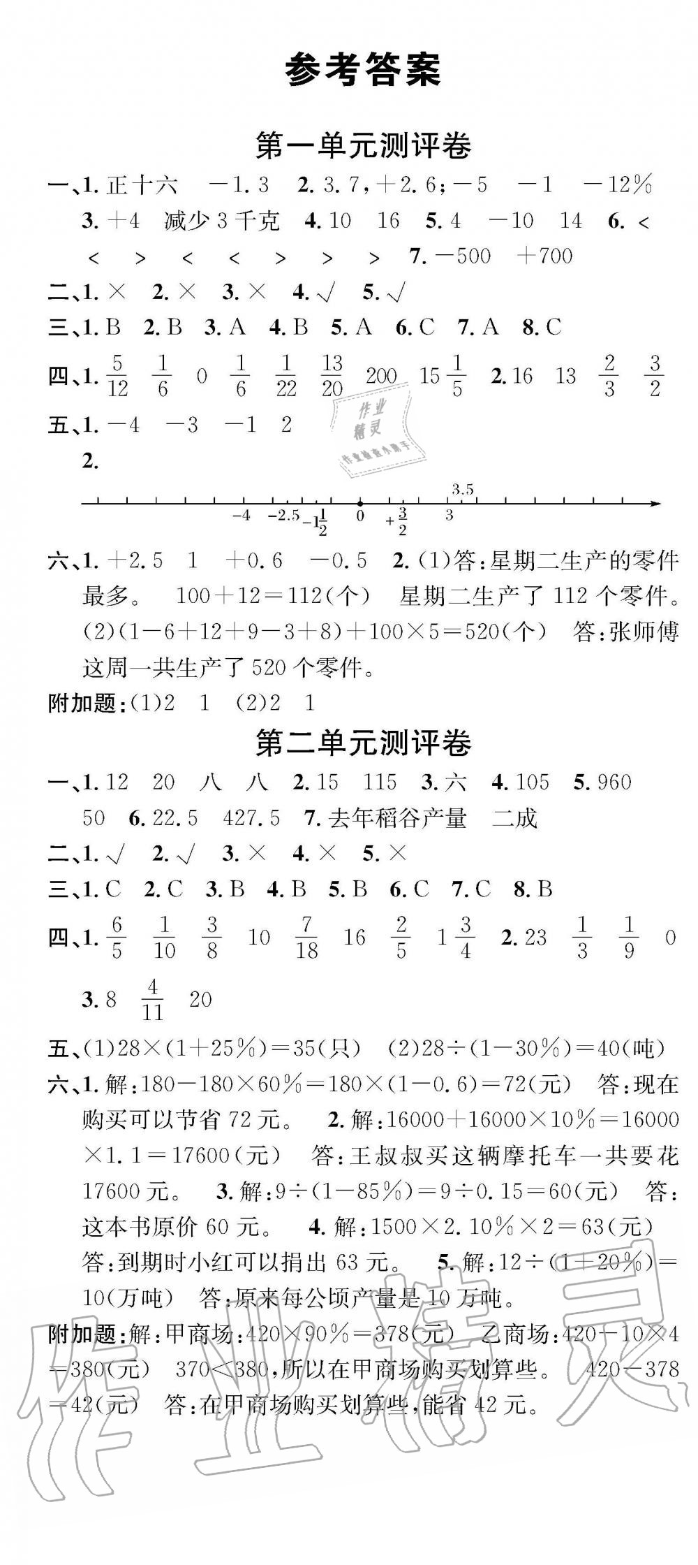 2019年學(xué)業(yè)評價(jià)測試卷六年級數(shù)學(xué)下冊人教版 參考答案第1頁