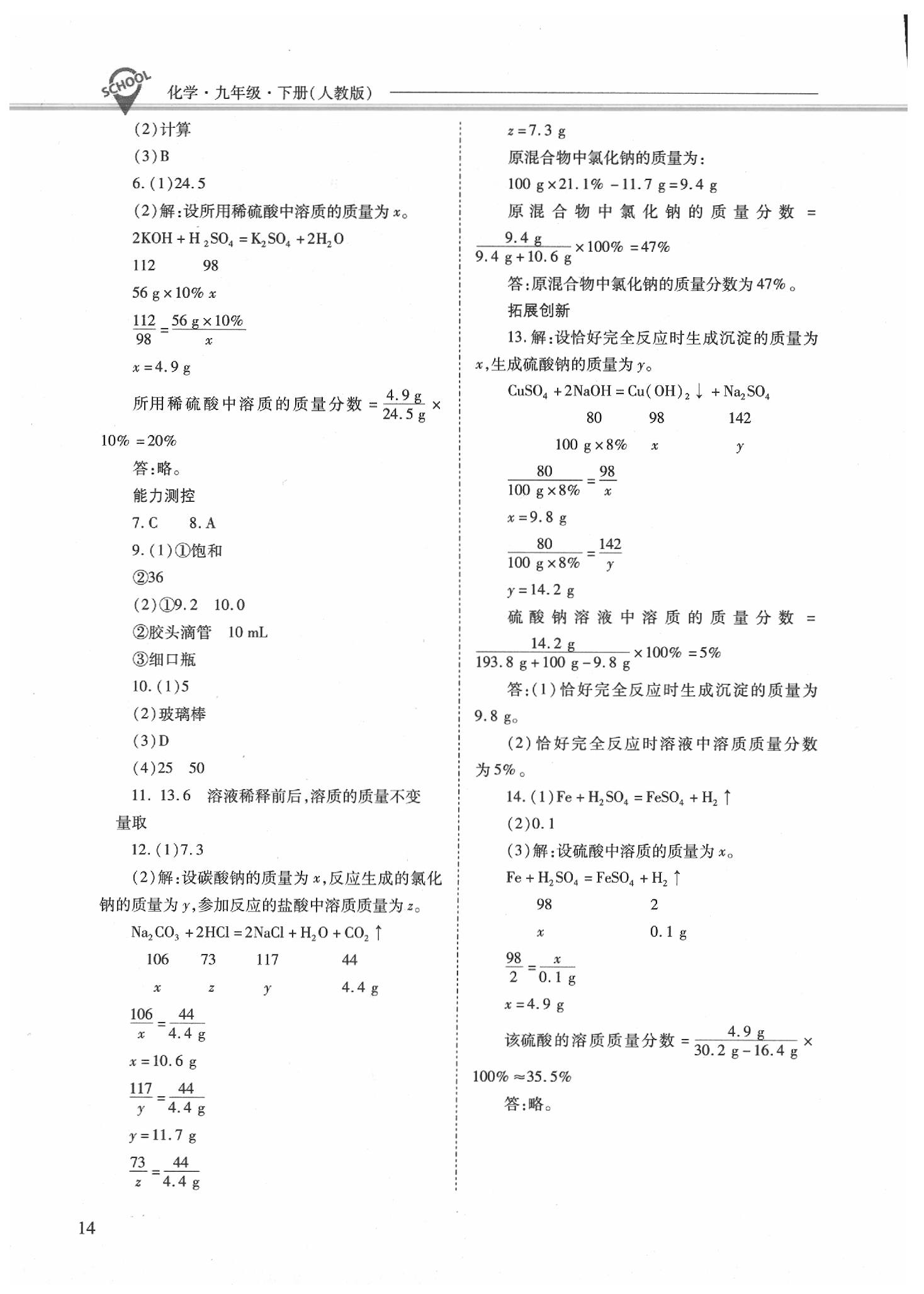 2020年新課程問題解決導(dǎo)學(xué)方案九年級化學(xué)下冊人教版 參考答案第8頁