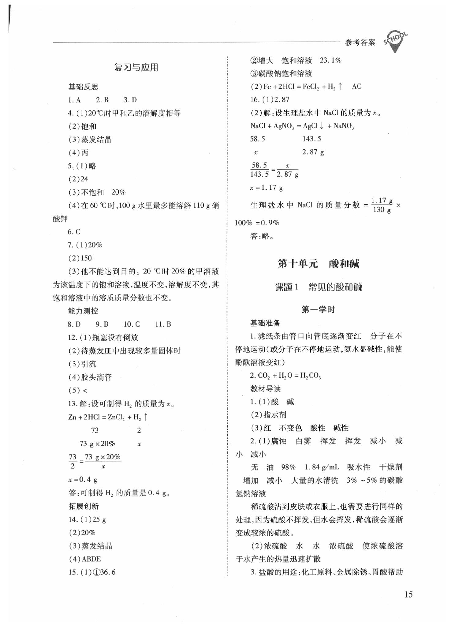 2020年新课程问题解决导学方案九年级化学下册人教版 参考答案第9页