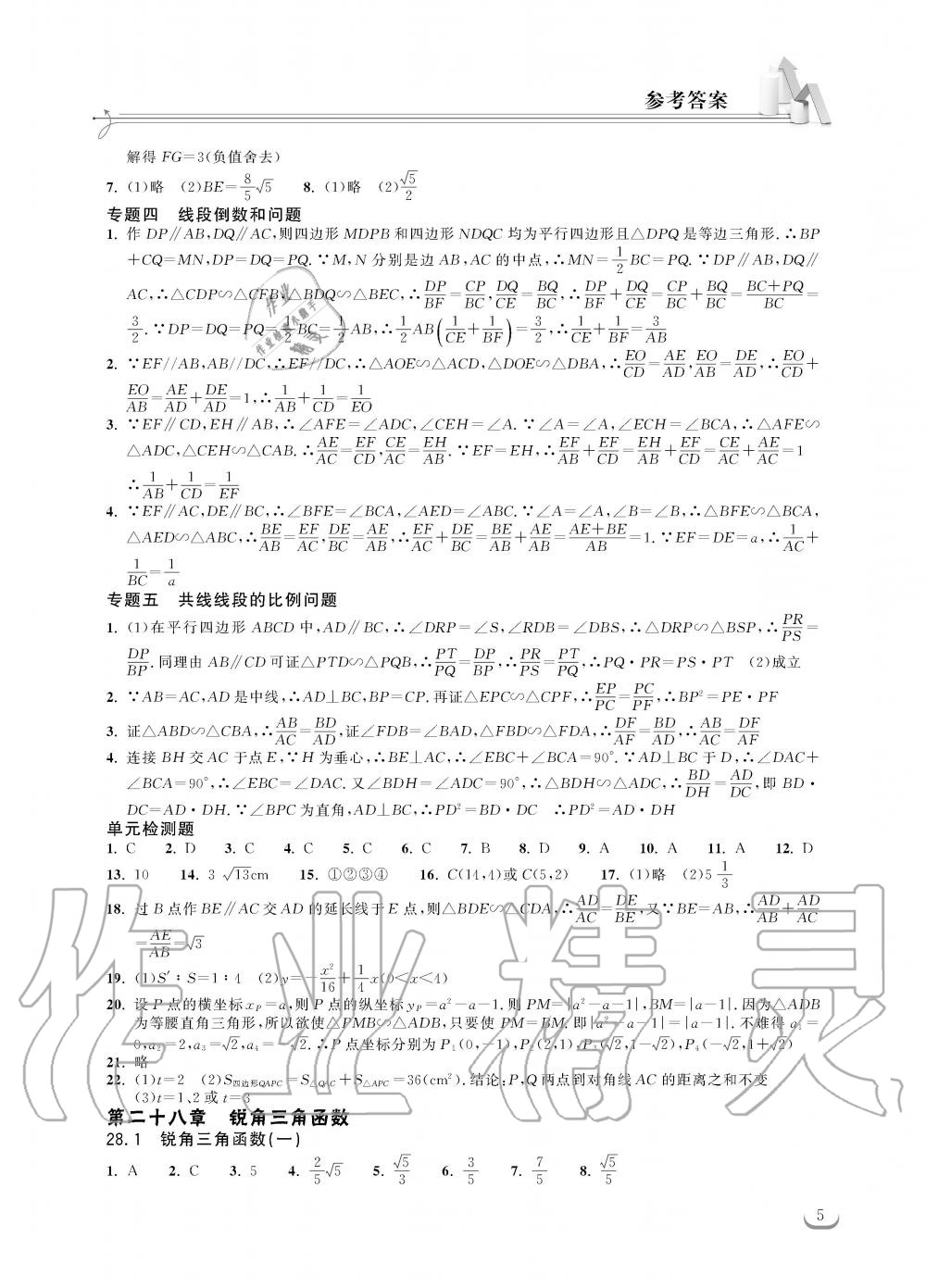 2019年长江作业本同步练习册九年级数学下册人教版 第5页