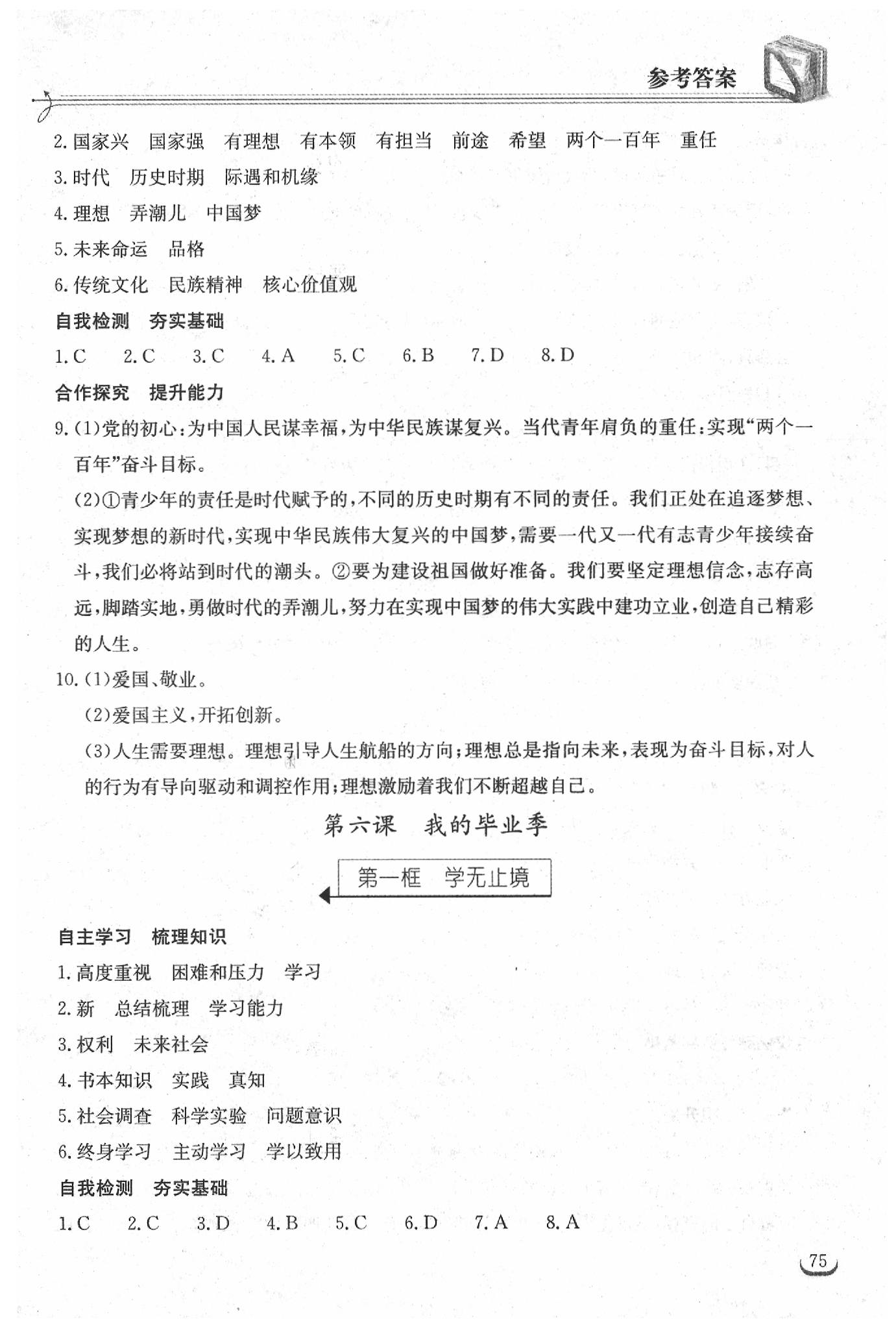 2019年长江作业本同步练习册九年级政治下册人教版 参考答案第9页