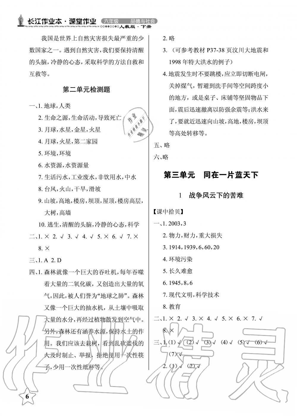 2019年長江作業(yè)本同步練習(xí)冊六年級政治下冊人教版 第6頁