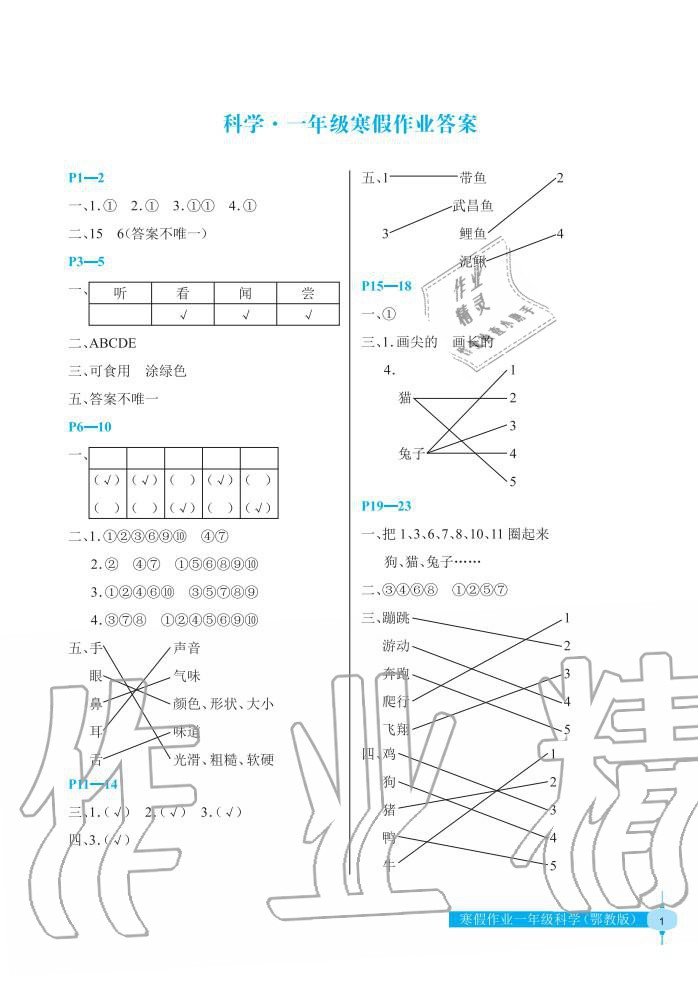 2020年寒假作業(yè)長江少年兒童出版社一年級科學(xué)寒假作業(yè)人教版 第1頁